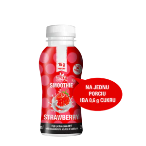 Jahodové smoothie. Smoothie s jahodovou príchuťou. Potraviny NutriFood. Vysokobielkovinové jedlá.